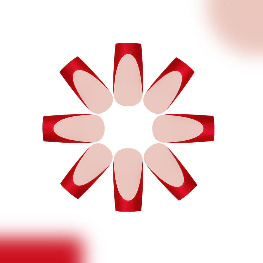 Set of red nail polish bottles arranged in a circular pattern on a white background