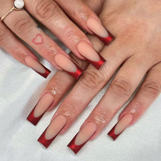 Romantic Elegance Long Square Red and Beige Ombre Press On Nail Set