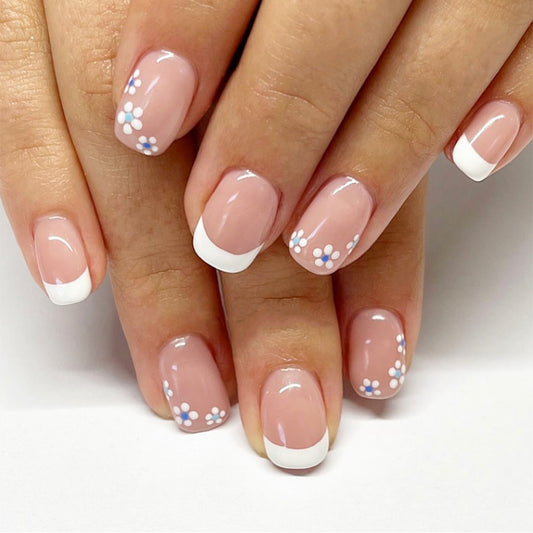Blossom Delight Short Squoval Pink with White French Tips and Charming Floral Accents Press On Nail Set