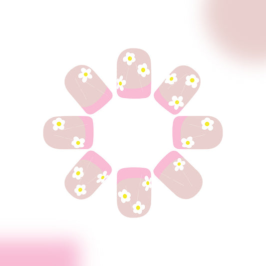 Floral Garden Short Square Pink Ombre Press On Nail Set with Charming Daisy Accent