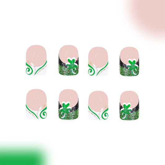 Luck of the Irish Short Square Green Glitter Press On Nail Set with Shamrock Design