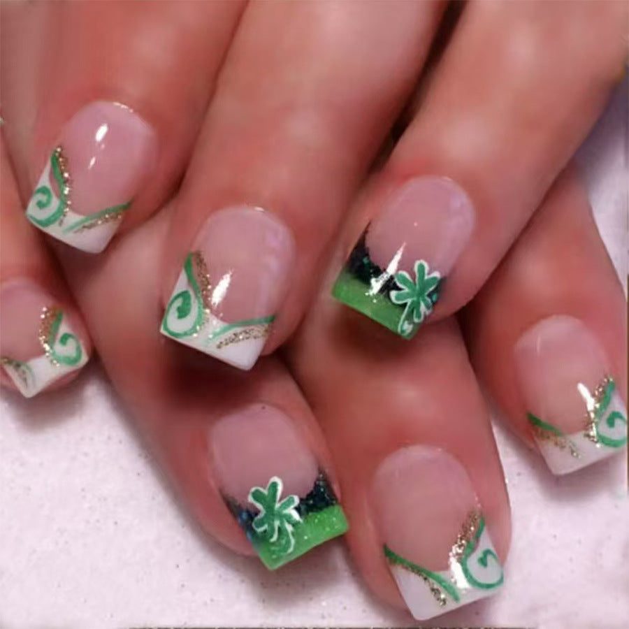 Lucky Charm Short Square Green White with Glittery Swirls Press On Nail Set