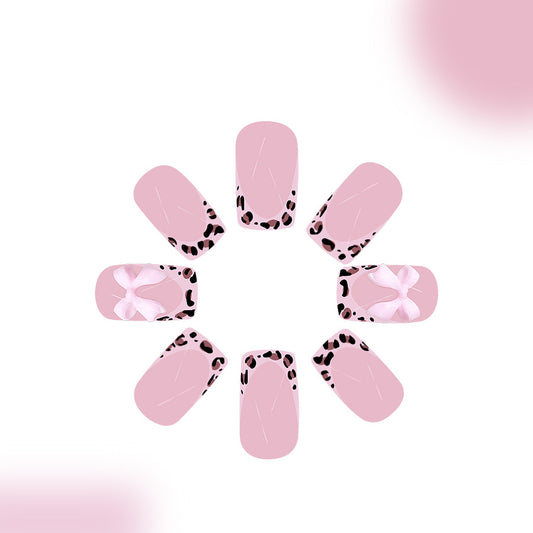 Wildflower Dreams Stylish Short Square Pink Nail Set with Chic Leopard Accents and Elegant Bow Detail