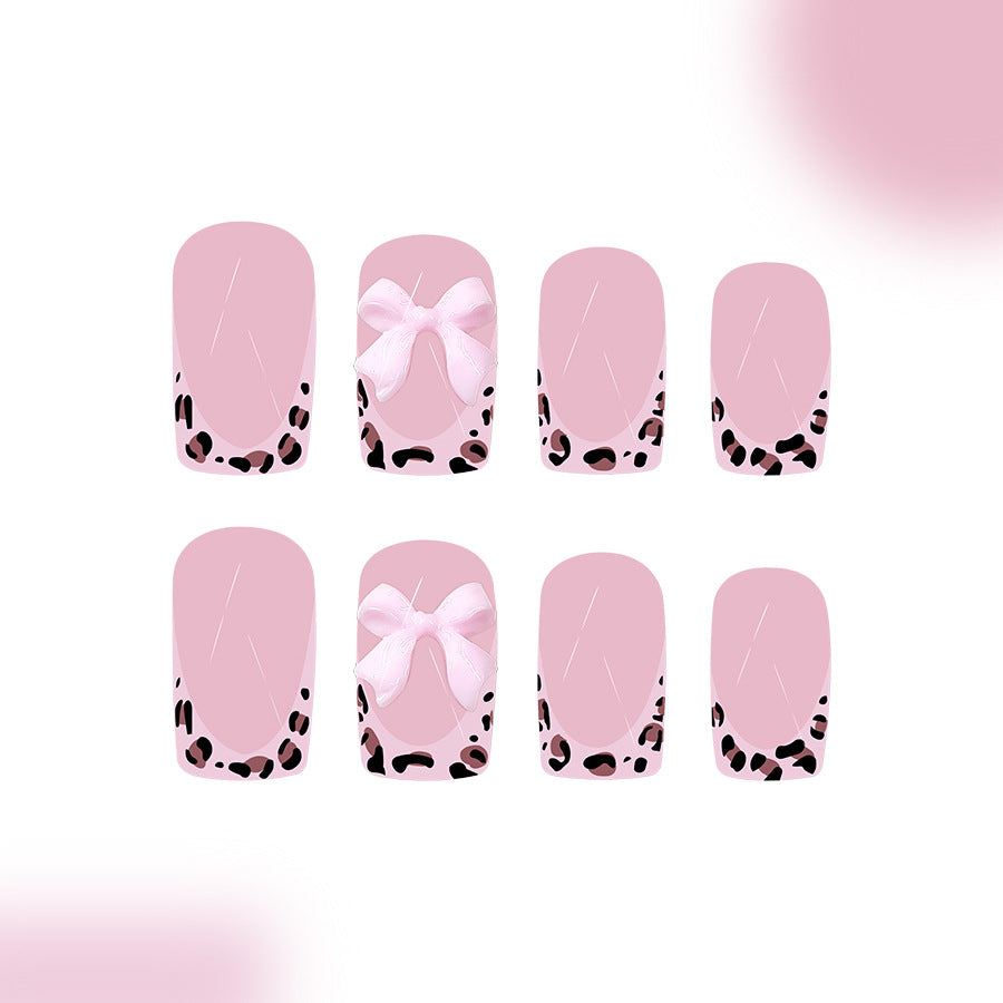 Charming Chic Press On Nail Set in Short Square Shape Soft Pink Color with Cute Bow and Leopard Print Accent