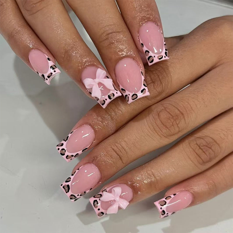 Chic Wildflower Press On Nail Set Medium Square Matte Pink with Leopard Print and Cute Bow Detail