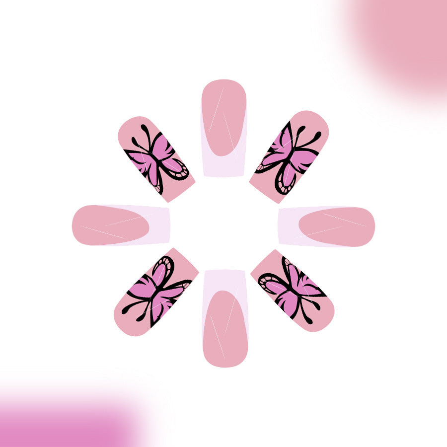 Butterfly Garden Medium Square Pink Press on Nail Set with Floral Art Design