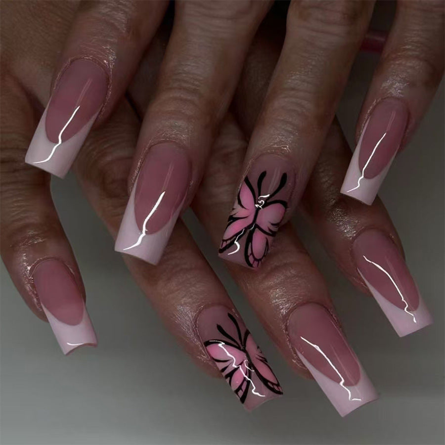 Butterfly Kiss Long Square Pink Ombre Nail Set with Elegant Butterfly Design