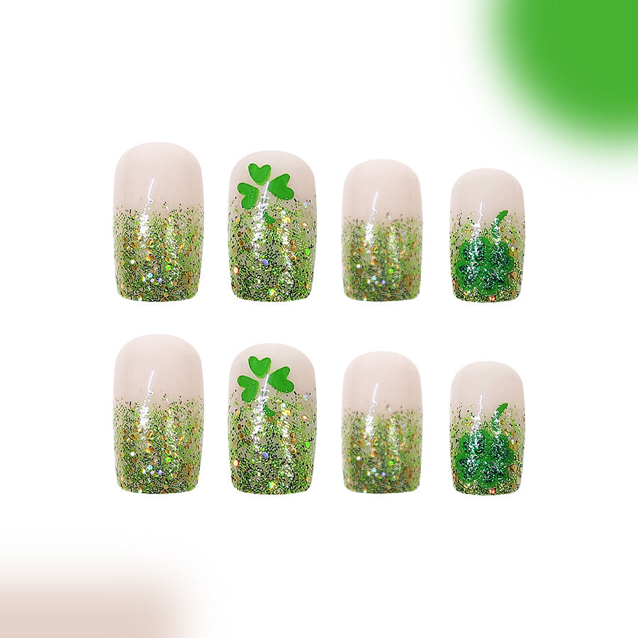 Lucky Charm Gel Nail Set Medium Square Green Holographic Glitter with Shamrock Accent