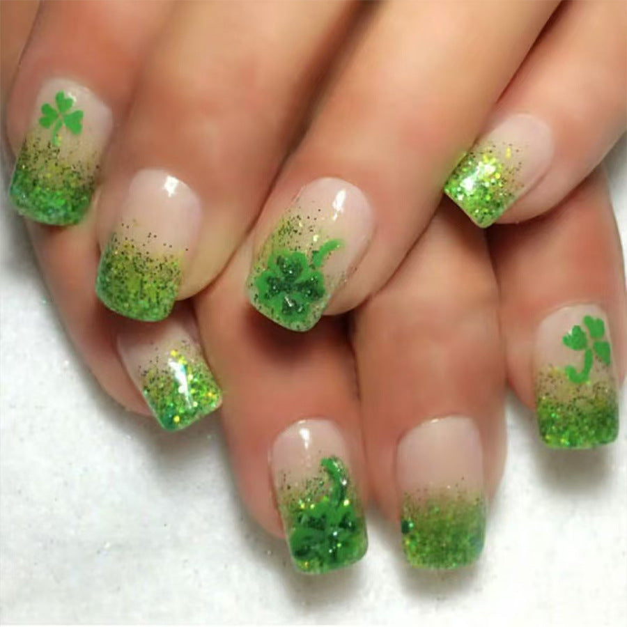 Emerald Enchantment Short Square Green Ombre Glitter with Clover Accents Press On Nail Set