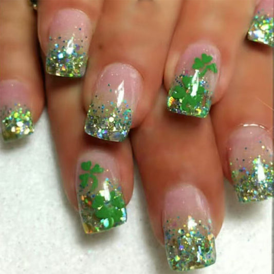 St. Patrick's Day Glamorous Short Square Glittery Green and Gold Press on Nail Set with Shamrock Accents