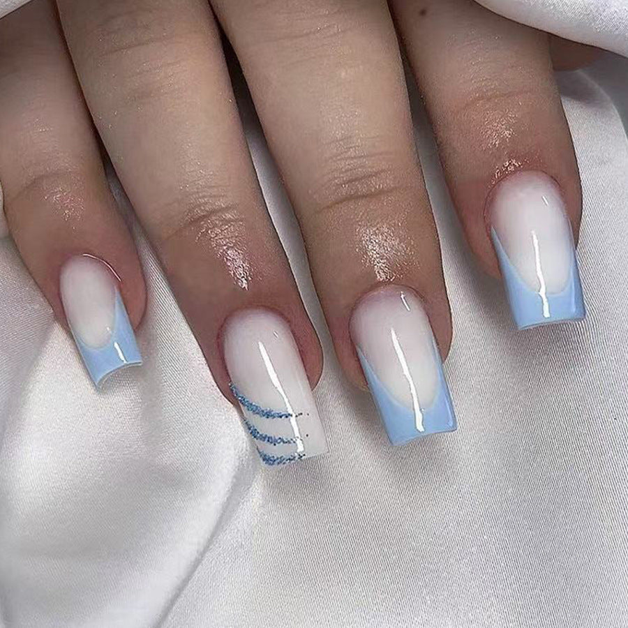Serene Skies Long Square Blue Ombre Press On Nail Set with Unique Glitter Design