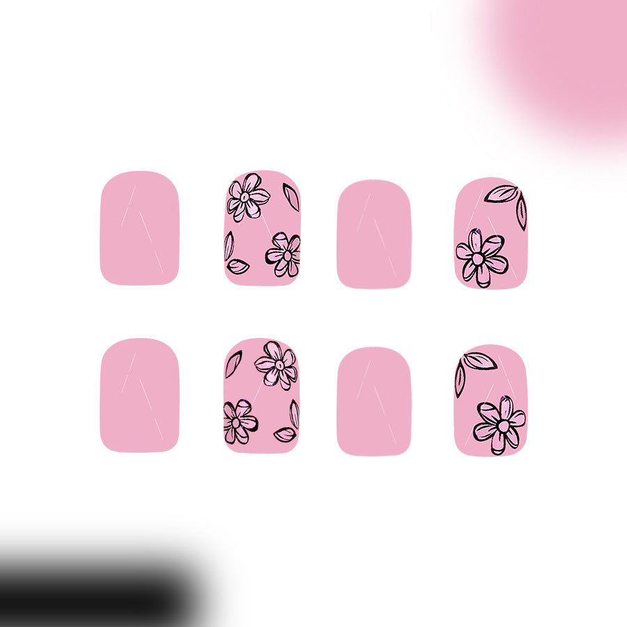 Floral Dreams Short Square Shape Soft Pink Press On Nail Set with Elegant Flower Designs