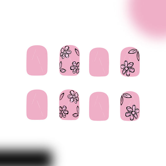 Floral Dreams Short Square Shape Soft Pink Press On Nail Set with Elegant Flower Designs