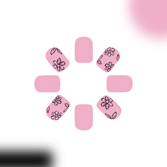 Floral Fantasy Short Square Press On Nail Set in Soft Pink with Elegant Flower Designs
