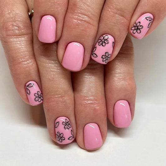 Floral Dream Short Square Pink Press On Nail Set with Intricate Flower Designs