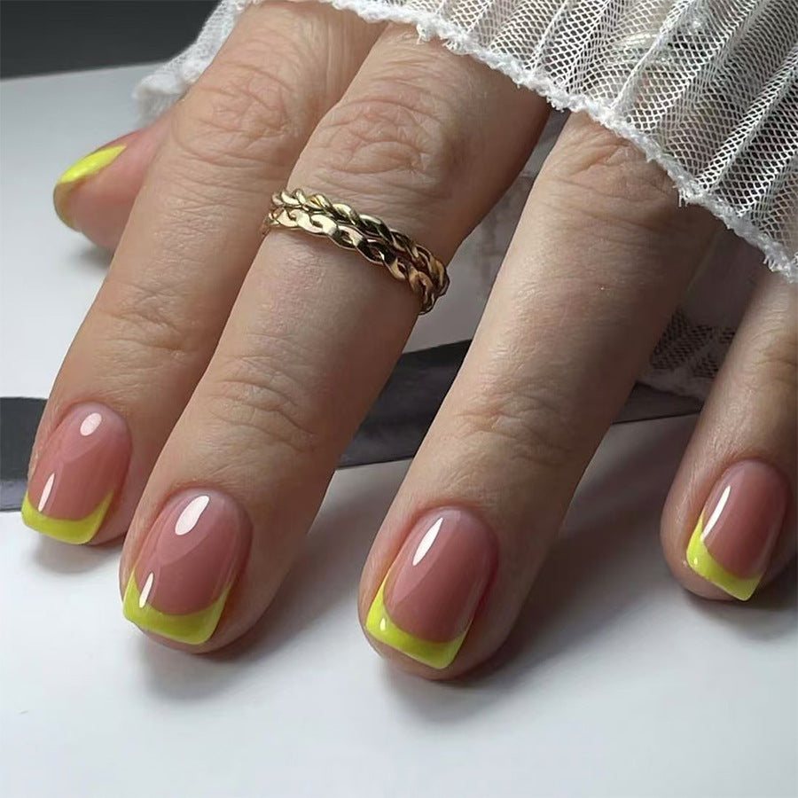Tropical Vibes Short Square Pink and Neon Yellow Press-On Nail Set with Glossy Finish