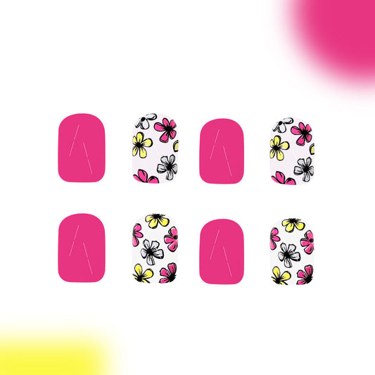 Floral Fantasy Press On Nail Set Short Square Pink with Whimsical Flower Design