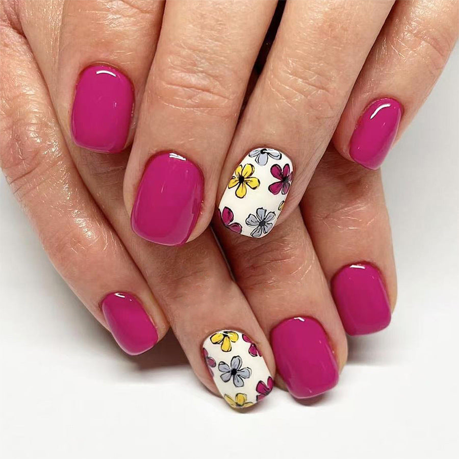 Blooming Garden Elegant Short Square Pink Nail Set with Floral Accent for a Chic Look