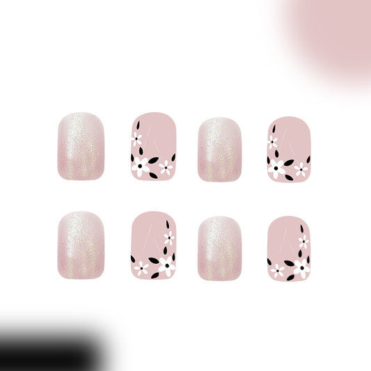 Blossoming Elegance Short Square Pink Shimmer Floral Design Press On Nail Set