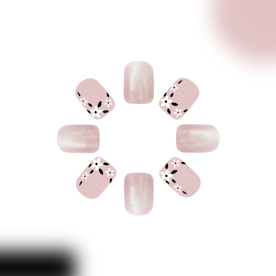 Blossom Serenity Elegant Short Square Pink Glitter Press-On Nail Set with Floral Accents