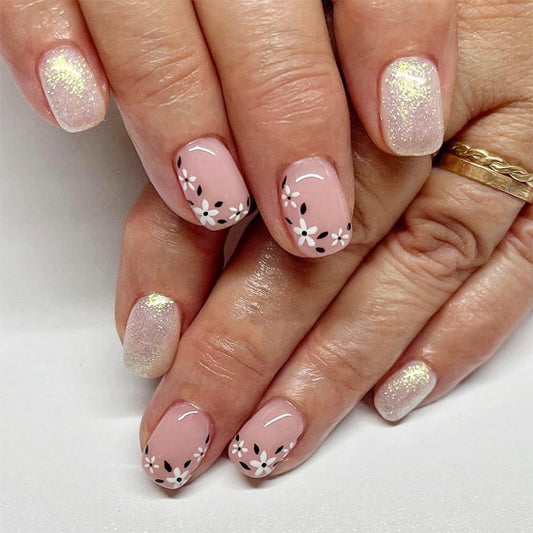 Blossom Garden Silky Short Squoval Pink Nails with Sparkling Glitter and Charming Floral Design