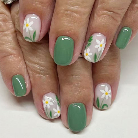 Botanical Bliss Short Squoval Green Press On Nail Set with Floral Accents