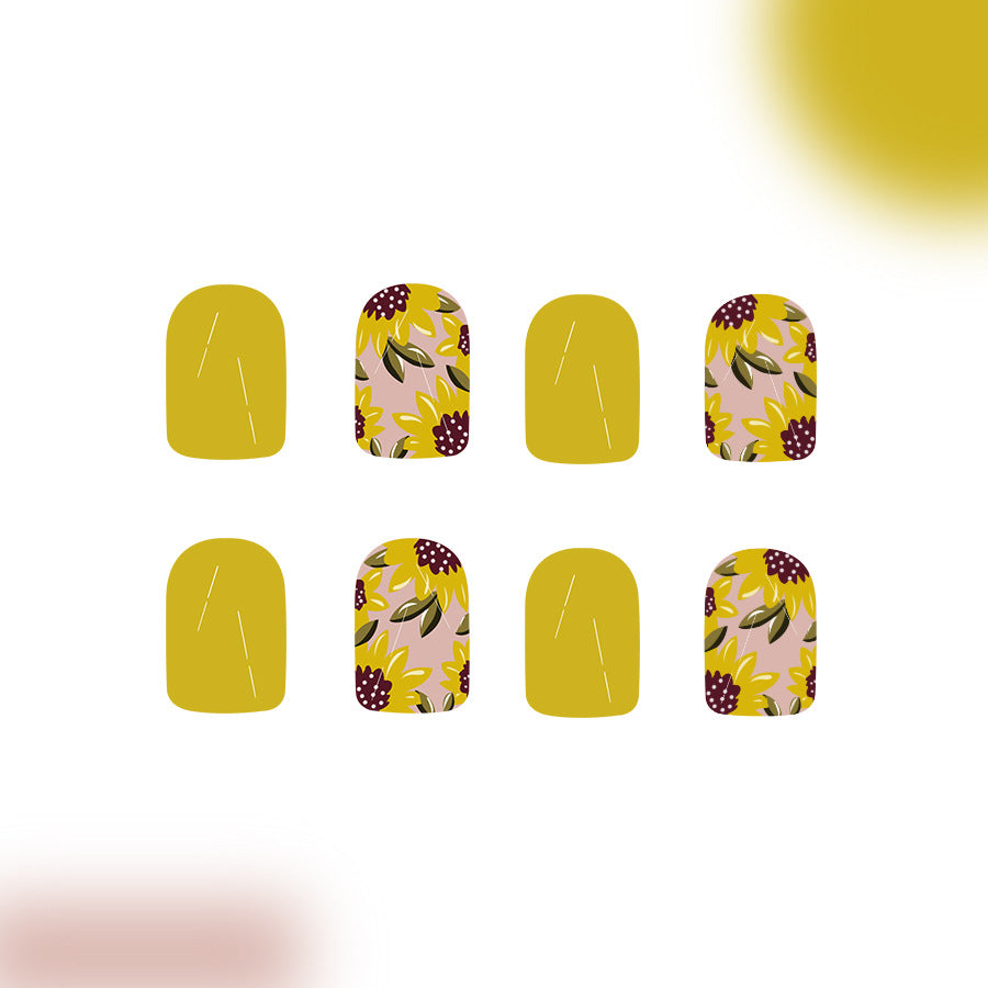 Bohemian Blossom Press On Nail Set in Short Square Shape with Vibrant Yellow Color and Unique Floral Design
