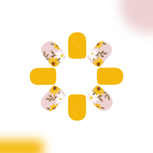 Sunshine Floral Charm Short Squoval Yellow with Elegant Flower Design Press On Nail Set