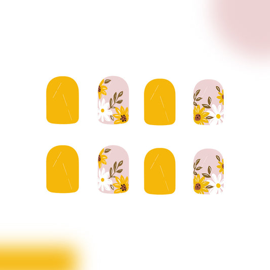 Sunny Garden Charm Short Squoval Yellow and Floral Design Press-On Nail Set