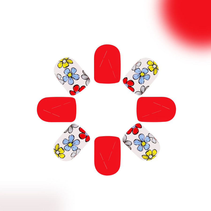 Vibrant Floral Fantasy Red Short Square Nail Set with Charming Flower Designs