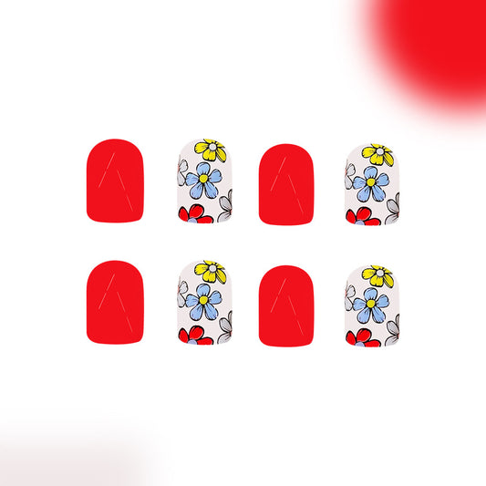 Floral Enchantment Glossy Square Short Red and White Press-On Nail Set with Charming Flower Design