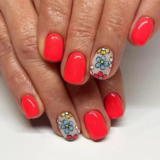 Floral Summer Vibes Short Square Coral Press on Nail Set with Whimsical Flower Designs