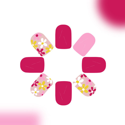 Floral Dream Press On Nail Set Short Square Pink and Fuchsia with Charming Flower Accents