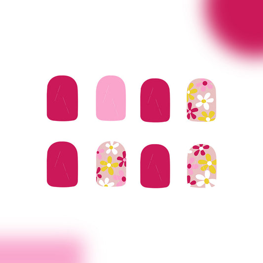 Floral Fantasy Press-on Nail Set Short Square Bright Pink and Floral Design