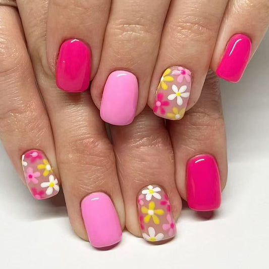 Botanical Bliss Square Short Pink Press-On Nail Set with Floral Design