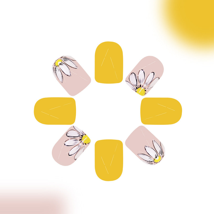 Sunshine Floral Delight Short Square Yellow and Beige Press On Nail Set with Daisy Design