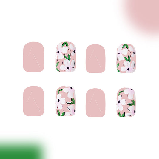 Charming Blossom Design Short Square Pink Floral Press On Nail Set