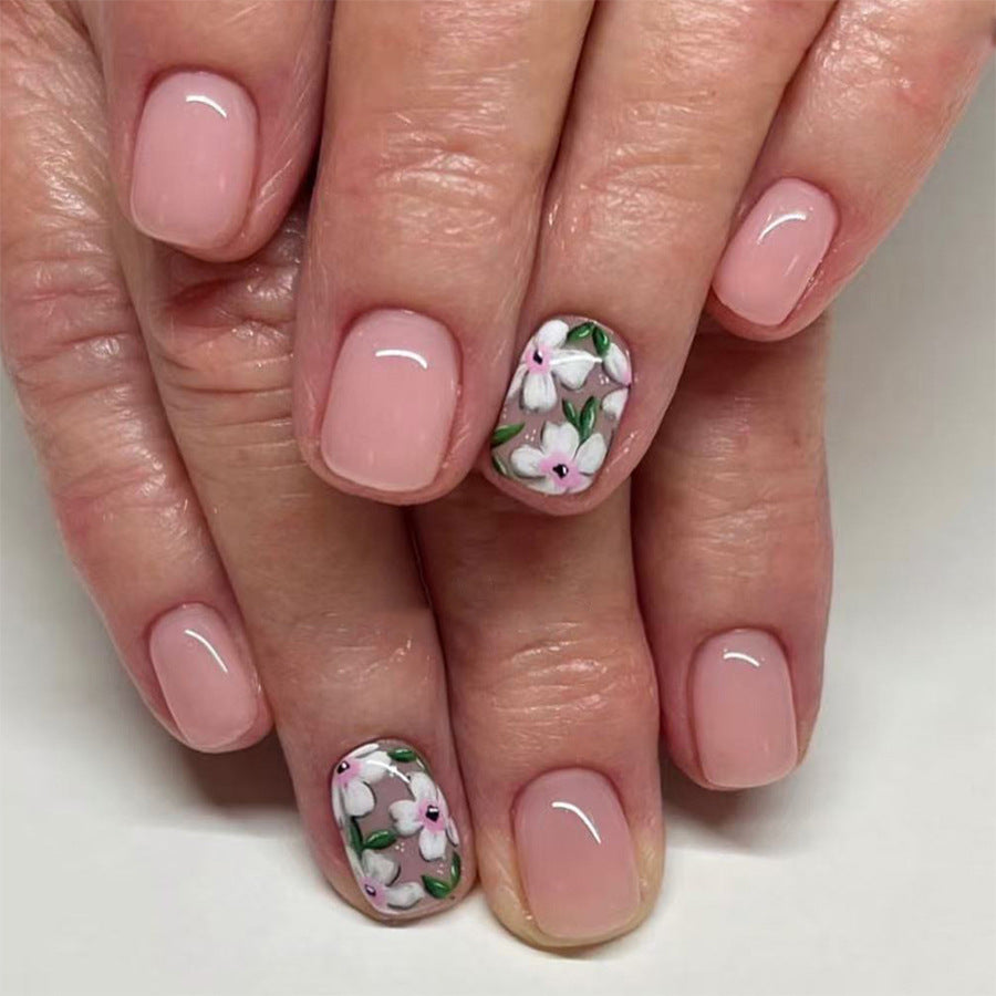 Blossom Inspired Short Square Press On Nails in Soft Pink with Floral Design