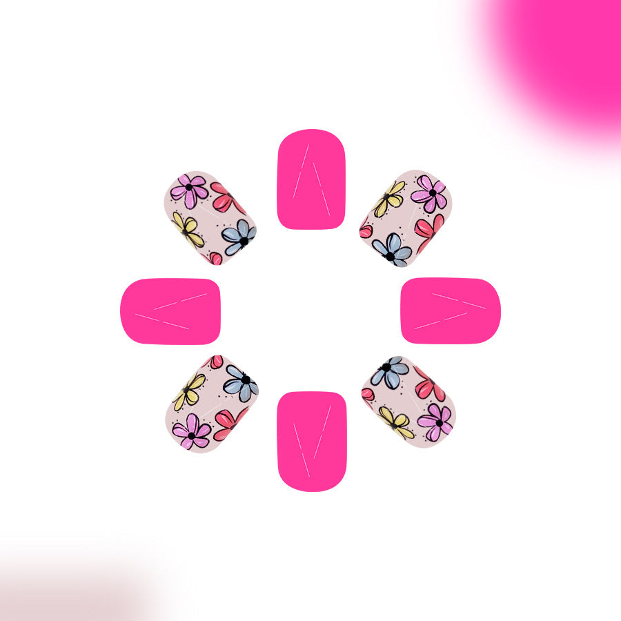 Blooming Garden Chic Press-On Nail Set in Short Square Bright Pink with Floral Accents and Glossy Finish