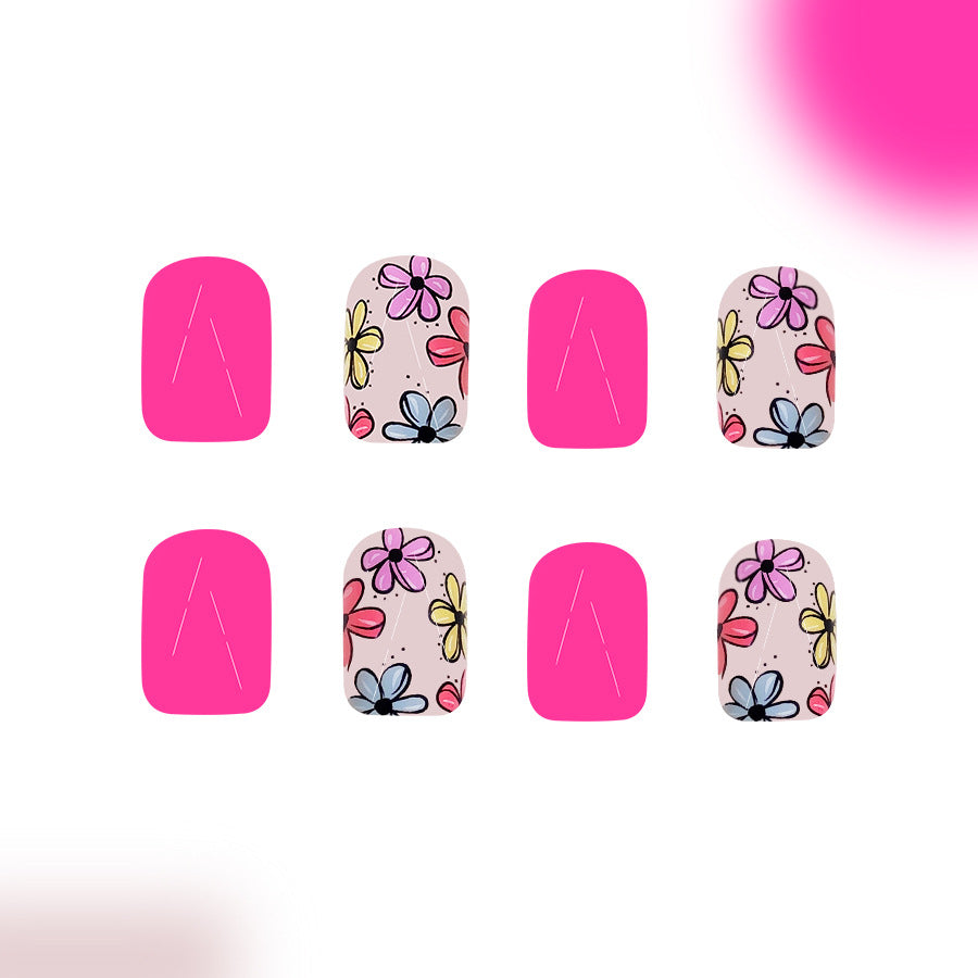 Vibrant Floral Garden Short Square Bright Pink Press On Nail Set with Whimsical Flower Design