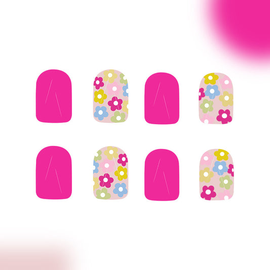 Spring Blossom Vibrant Short Square Pink Floral Design Press on Nail Set