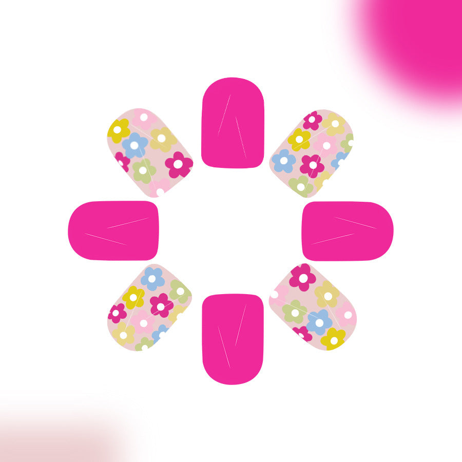 Floral Fantasy Press On Nail Set Short Square Shiny Pink With Colorful Flower Accents