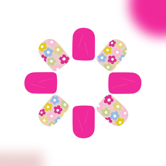 Floral Fantasy Press On Nail Set Short Square Shiny Pink With Colorful Flower Accents