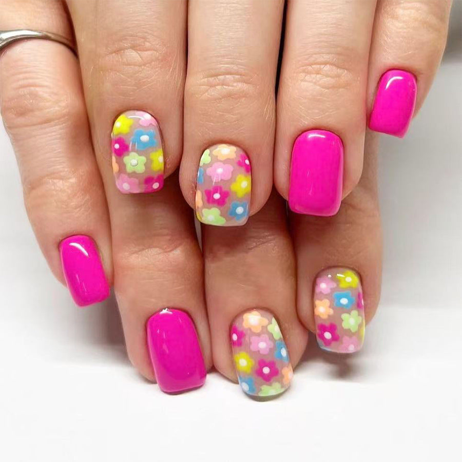 Blossom Paradise Short Square Bright Pink with Floral Accent Press-On Nail Set