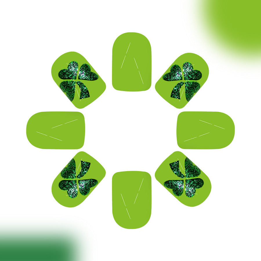 Lucky Clover Bliss Green Short Square Press On Nail Set with Sparkling Glitter Accents