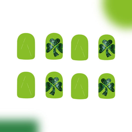Lucky Charm Green Short Square Press-On Nail Set with Sparkling Clover Design