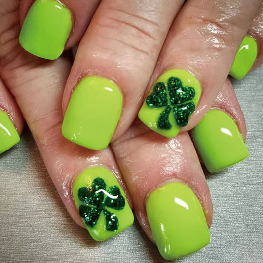 Lucky Vibe Short Square Shaped Bright Green Press On Nail Set with Glittery Shamrock Accents