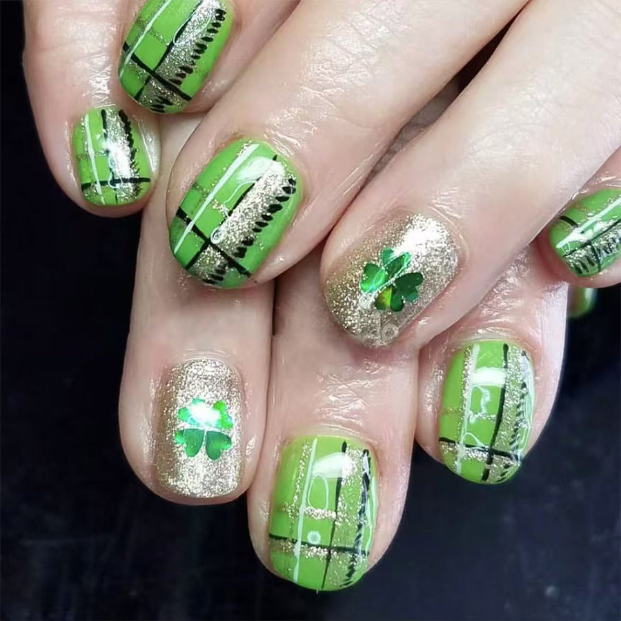 Lucky Clover Vibes Short Squoval Green Press On Nail Set with Glitter and Shamrock Accents