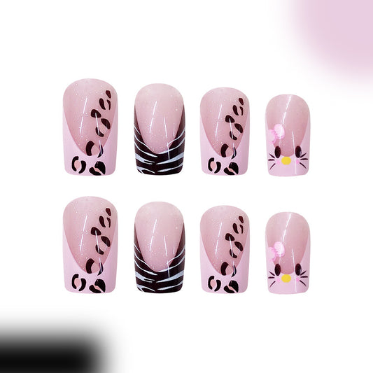 Charming Pink Leopard Press On Nail Set Short Square with Whimsical Floral Accents