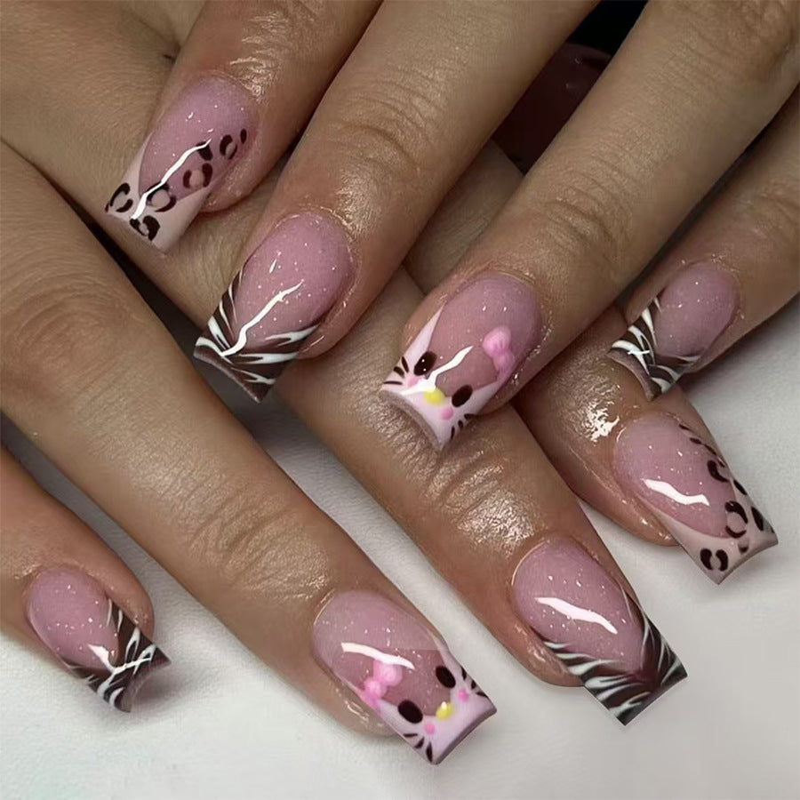 Charming Cat Inspired Medium Square Press On Nails In Long Length With Chic Pink And Animal Print Design Perfect For Unique Fashion Statements